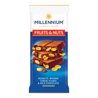 Шоколад Millennium Fruits&Nuts з арахісом, родзинками, злаковими пластівцями та мигдалем 90г. Склад: шоколад молочний [цукор, какао - масло, молоко незбиране сухе, какао терте, сироватка молочна суха,