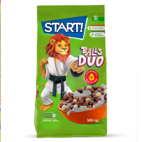 Сніданки сухі Start! Balls Duo зернові 500г. Склад: пшениця 33.9%, крупа кукурудзяна 32.5%, цукор, какао-порошок зі зниженим вмістом жиру 3.2%, сироп глюкозно-фруктозний, олія соняшникова високоолеїно