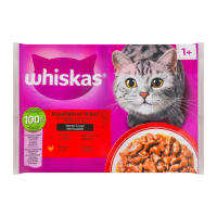 Whiskas Набір кормів консервованих з яловичиною, з куркою в соусі повнораціонних для дорослих котів 4 х 85г. Склад: з яловичиною: м`ясо та продукти тваринного походження (90% в шматочках, включаючи ял