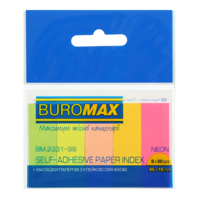 Закладки паперові NEON, 45x15 мм, 5 кільк. по 30 арк.