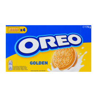 Печиво Oreo Golden з начинкою з ванільним смаком 4*44г/уп. Склад: борошно пшеничне, цукор, олія пальмова, олія ріпакова, пшеничний крохмаль, сироп глюкозно-фруктозний, розпушувачі (карбонати натрію, к