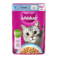 Корм вологий Whiskas для дорослих котів з тунцем в желе 85г. Склад: м`ясо та продукти тваринного походження (33%), риба та рибні субпродукти (увключаючи 4% тунця в шматочках), злаки, мінеральні речови