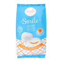 Зефір Жако Smile з начинкою згущене молоко 300г. Склад: цукор, патока, молоко згущене варене (12.5%), молоко коров`яче, цукор, цукор молочний, пюре яблучне, білок яєчний, пудра цукрова, драглеутворюва