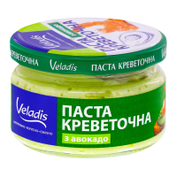 Паста Veladis креветочна з авокадо 160г. Склад: олія соняшникова рафінована дезодорована, питна вода, шматочки м`яса вареної креветки 22%, авокадо 10%, цукор, сіль кухонна, загущувачі (сухий яєчний жо