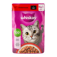 Корм вологий Whiskas з яловичиною в соусі для дорослих котів 85г. Склад: м`ясо та продукти тваринного походження (34%, включаючи 4% яловичини в шматочках), злаки, продукти рослинного походження, мінер