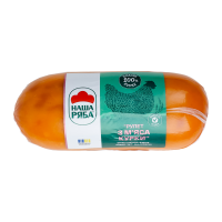 Шинка Наша ряба Рулет з філе курки варено-копчена вищий сорт 0.5кг. Склад: м`ясна сировина куряча 100% (філе куряче 100%), вода питна, сіль кухонна, стабілізатор пірофосфат натрію, мальтодекстрин, під