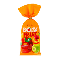 Цукерки желейні Roshen Bonny fruit Summer mix 200г. Склад: цукор, патока, вода питна, концентровані фруктові соки: яблучний, вишневий (4% фруктових концентрованих соків = 25% фруктових соків), желюючи
