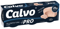 Тунець Calvo +Pro у власному соку 3х65г. Склад: тунець, вода питна, сіль харчова. Енергетична цінність: 107 ккал, Жири - 1.2г, Вуглеводи - 0г, Білки - 24г. Термін придатності - 24міс. Температура збер