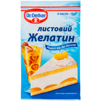 Желатин Dr. Oetker листовий 10г. Склад: 6 листів желатину. Калорійність в 100г продукту: 357 ккал. Харчова (поживна) цінність у 100г продукту: Білки - 89г. Умови зберігання: зберігати за температури в