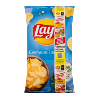 Lay`s Чипси картопляні Сметана і зелень 120г. Склад: картопля, олії (ріпакова, соняшникова у змінних пропорціях, антиоксиданти (екстракти розмарину, аскорбінова кислота, багатий токоферолом екстракт,