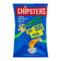 Chipsters Чипси картопляні зі смаком Сметана та цибуля 150г. Продукт може містити сліди арахісу. 2172, Термін придатності - 270 діб. Виробник: ТОВ Клуб чіпсів. Адреса потужностей виробництва: D: вул.