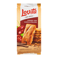 Печиво Roshen Cake Cookies Lovita здобне з вишнево-ванільною начинкою 168г. Склад: борошно пшеничне, цукор, жир рослинний (негідрогенізована пальмова олія), вологоутримуючий агент гліцерин, пюре яблуч