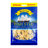 Соломка рибна Морські Fish stix сушена солона з перцем 30г. Склад: путасу сушена 84.98%, крохмаль, сіль кухонна 3%, підсилювач смаку та аромату (натрію глутамат), цукор, червоний перець 1%, консервант