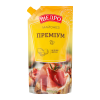 Майонез Щедро Преміум 72% 500г. Склад: олія соняшникова рафінована дезодорована 71.5%, вода питна, цукор, жовток яєчний ферментований рідкий 2.2%, оцет спиртовий, сіль кухонна, регулятор кислотності к