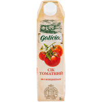 Сік Galicia томатний з сіллю з м`якоттю 1л. Склад: cік томатний, сіль харчова. Калорійность на 100 г продукту: 63 кДж (15 ккал). Поживна цінність на 100 г продукту: білки - 0.8г, вуглеводи - 3г. Місти