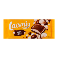 Шоколад Roshen Lacmi Fun&Crispy молочний пористий з молочною начинкою та рисовими кульками 85г. Склад: цукор, молоко сухе незбиране, олії рослинні (пальмова, пальмоядрова, соняшникова), какао терте, к