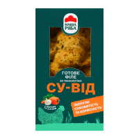 Філе куряче Наша ряба Су-від з овочами та зеленню охолоджене 300г. Склад: філе курчати-бройлера 95.5%, олія соняшникова рафінована, сіль кухонна, цукор, дріжджовий екстракт, часник мелений, ароматизат