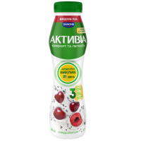 Біфідойогурт Активіа Вишня-чіа питний з біфідобактеріями Actiregularis 1.2% 260г. Склад: молоко нормалізоване, наповнювач Вишня-чіа 8% (цукор, вода питна, вишня 30%, загущувачі: крохмаль, пектини, нас