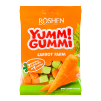 Цукерки желейні Roshen Yummi Gummi Carrot Farm 70г. Склад: патока, цукор, желатин, вологоутримуючий агент сорбітовий сироп, желюючий агент пектин, регулятори кислотності (молочна кислота, лимонна кисл