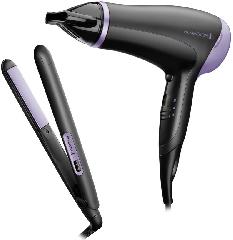 Фен + выпрямитель Remington Style Essentials набор, 2000Вт, режимов-3, фен D3010 + щипцы для волос S1450, фиолетово-черный