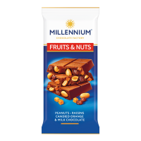 Шоколад Millennium Fruits&Nuts молочний з арахісом, цукатами, родзинками та мигдалем 90г. Склад: шоколад молочний [цукор, какао - масло, молоко незбиране сухе, какао терте, сироватка молочна суха, жир