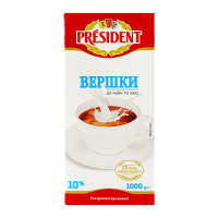 Вершки President до кави та чаю ультрапастеризовані 10% 1000г. Склад: вершки нормалізовані, стабілізатор каррагінан. Енергетична цінність продукту: 492кДж/100г, 119ккал/100г. Поживна (харчова) цінніст