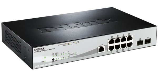 Комутатор D-Link DGS-1210-10P/ME 8x1GE PoE, 2xSFP(1G), Metro Ethernet