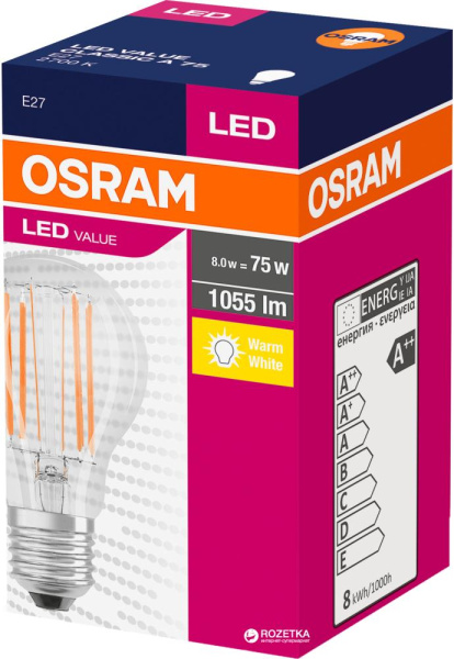 Лампа OSRAM LED 7.5Вт 2700K 1055Лм A60 філаментна