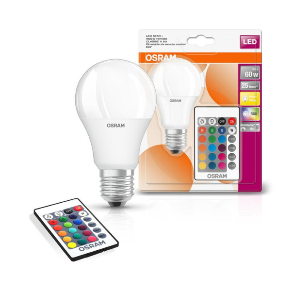 Лампа OSRAM LED E27 RGB 9Вт 2700К 806Лм пульт ДУ A60