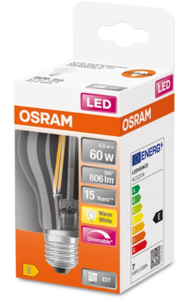 Лампа OSRAM LED E27 7Вт 2700K 806Лм A60 філаментна