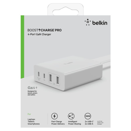 Зарядний пристрій мережевий Belkin 108Вт 2хUSB-С GAN PD PPS/2хUSB-A, білий