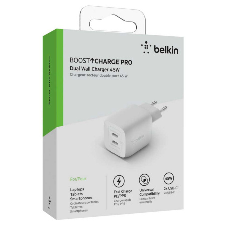 Зарядний пристрій мережевий Belkin 45Вт 2хUSB-С GAN PD PPS, білий