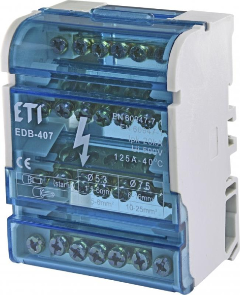 Блок розподільчий ETI, EDB-407 4p, 3L+PE/N, 125A (7 виходів)