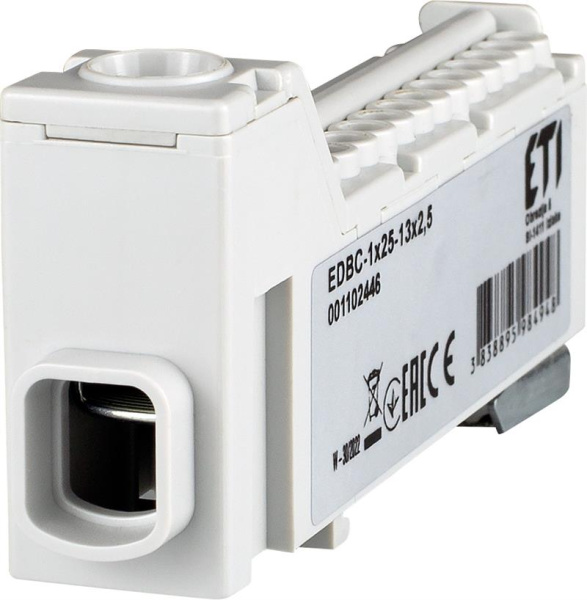 Блок розподільчий ETI, EDBC-1x25-13x2,5 (63A, 1000V AC/1500V DC, IN: 1x25, OUT: 13x2,5; сірий)