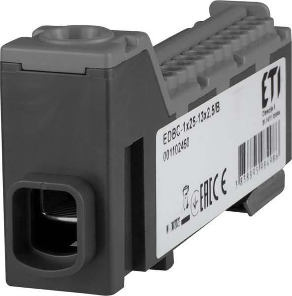 Блок розподільчий ETI, EDBC-1x25-13x2,5/B (63A, 1000V AC/1500V DC, IN: 1x25, OUT: 13x2,5; чорний)