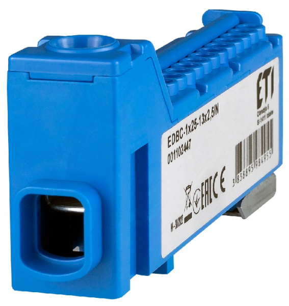 Блок розподільчий ETI, EDBC-1x25-13x2,5/N (63A, 1000V AC/1500V DC, IN: 1x25, OUT: 13x2,5; синій)