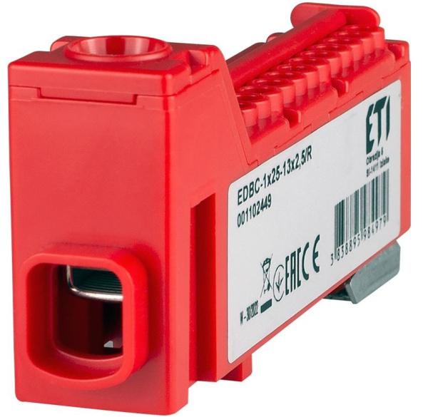 Блок розподільчий ETI, EDBC-1x25-13x2,5/R (63A, 1000V AC/1500V DC, IN: 1x25, OUT: 13x2,5; червоний)