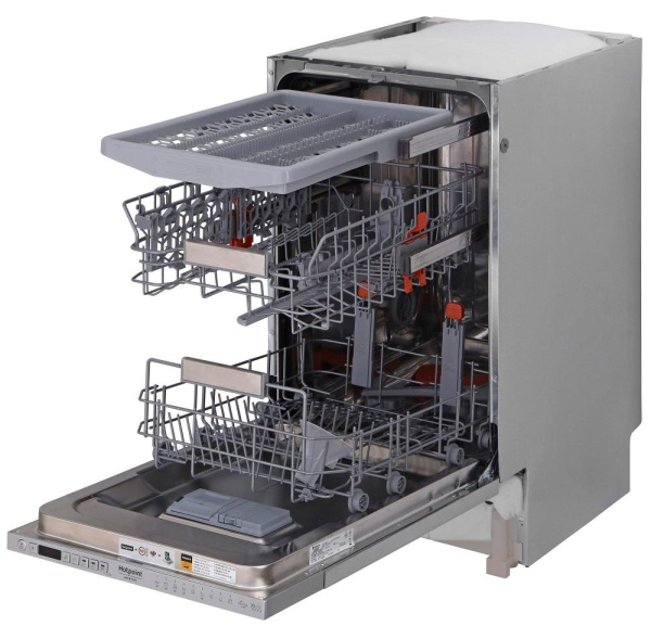 Посудомийна машина Hotpoint вбудована, 10компл., E, 45см, дисплей, 3й кошик, білий