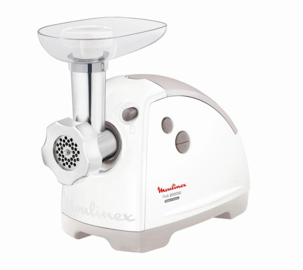 М'ясорубка Moulinex, 2000Вт, 2.6кг/хв, 2 решітки, насадка для ковбас, кеббе, томатів, 5 терок, пластик, біло-сірий