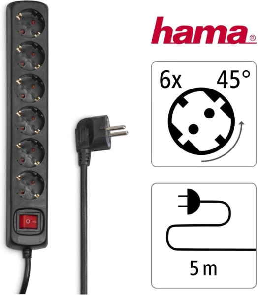 Подовжувач мережевий Hama 5м, 6хТип, 16А, фільтр, чорний