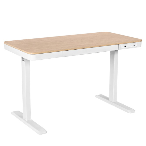Стіл комп’ютерний 2E CE218D, висота 72-120см, електропривод, стільниця 118x60см (світле дерево), металева база (біла), USB-A/USB-C
