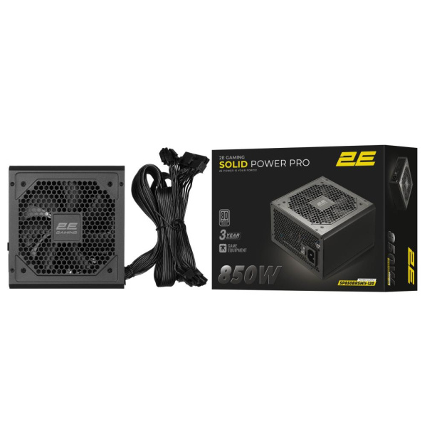 Блок живлення 2E GAMING Solid Power Pro ATX3.1 GEN5.0  (850W), >85%, 80+ Bronze, 120мм, 1xMB 24pin(20+4), 2xCPU 8pin(4+4), 3xMolex, 6xSATA, 4xPCIe 8pin(6+2), 1xPCIe GEN5 16pin, Semi Modular
