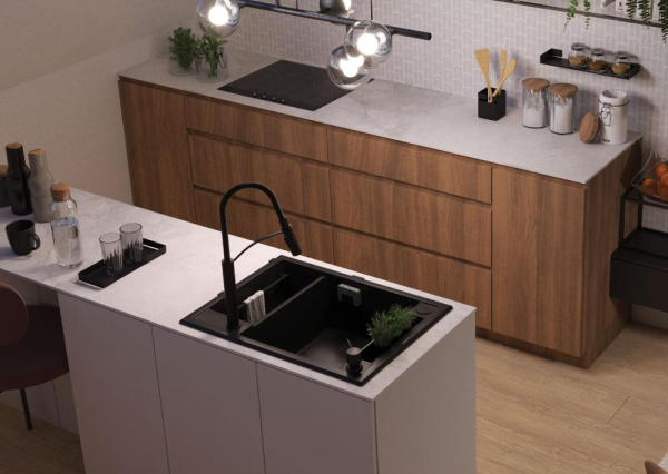Мийка кухонна Deante Magnetic, граніт, прямокутник, без крила, 690х500х219мм, чаша - 1.5, накладна, черний