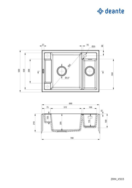 Мийка кухонна Deante Magnetic, граніт, прямокутник, без крила, 690х500х219мм, чаша - 1.5, накладна, черний