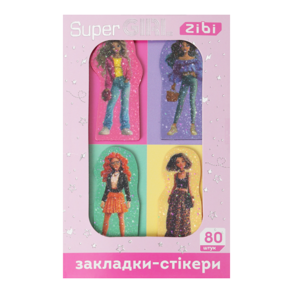 Закладки пластикові SUPER GIRL, з клейким шаром, 40x25 мм, 4 диз. по 20 арк.