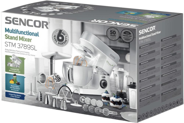 Кухонна машина Sencor 1200Вт, чаша-метал, корпус-пластик, насадок-19, білий