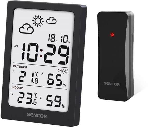 Метеостанція Sencor, внутр/зовн вимірювання, AAAx2+AAx2, темп-ра, вологість, час, чорний