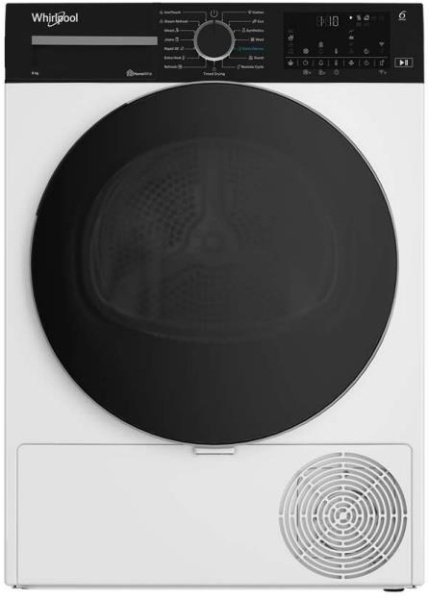 Сушильна машина Whirlpool тепловий насос, 8кг, A+++, 60см, дисплей, люк чорний, білий