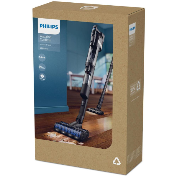 Пилосос Philips безпровідний AquaTrio, 9000 Series вологе прибирання, конт пил -0.42л, автон. робота до 25хв, PowerCyclone Aqua, турборежим, чорний