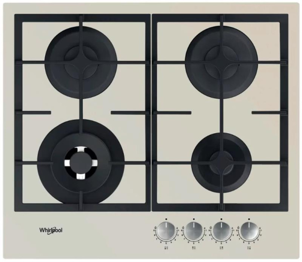 Варильна поверхня Whirlpool газова, 60см, чавун, конфорка з подвійним рядом полум'я, бежевий